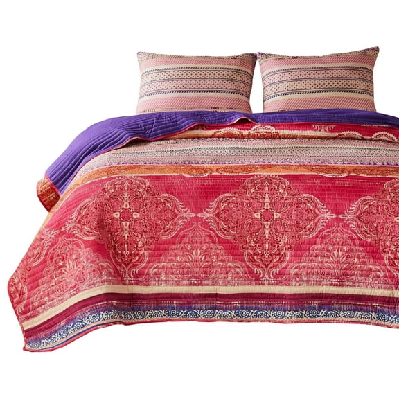 Dora 3 Piece Bohemian Full Quilt Set, Medallion, Paisley, Pink, Blue- Saltoro Sherpi