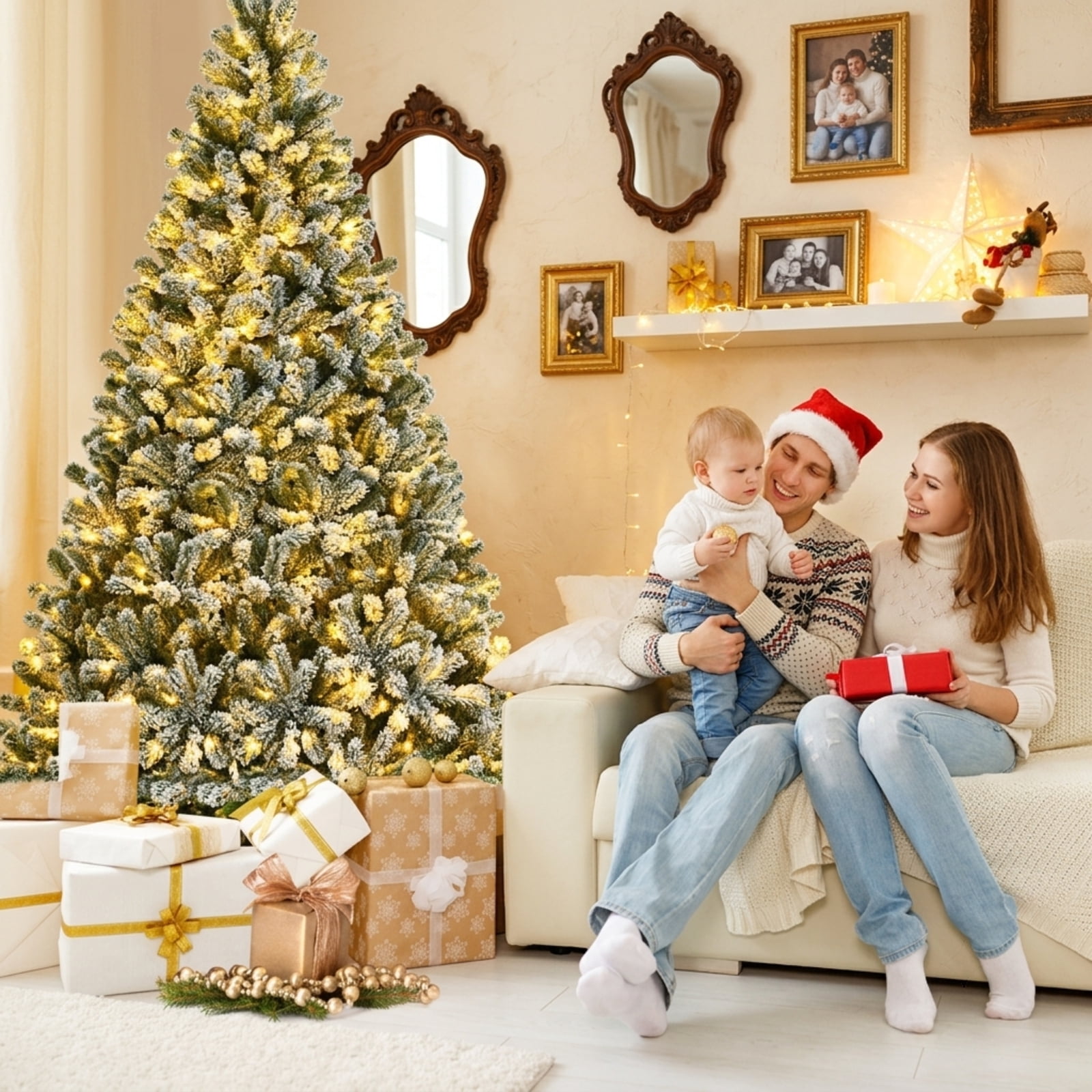 RUIE, 8 ft, Artificial Christmas Tree, with 650 LED Lights, 928 Branch Tips, Snow Flocked Holiday Xmas Tree for Indoor Home Office Decoration