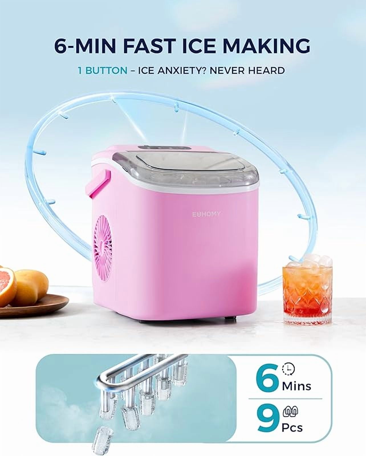 Countertop Ice Maker Machine with Handle, 26lbs in 24Hrs, 9 Ice Cubes Ready in 6 Mins, Auto-Cleaning Portable Ice Maker with Basket and Scoop, for Home/Kitchen/Camping/RV. (Pink)
