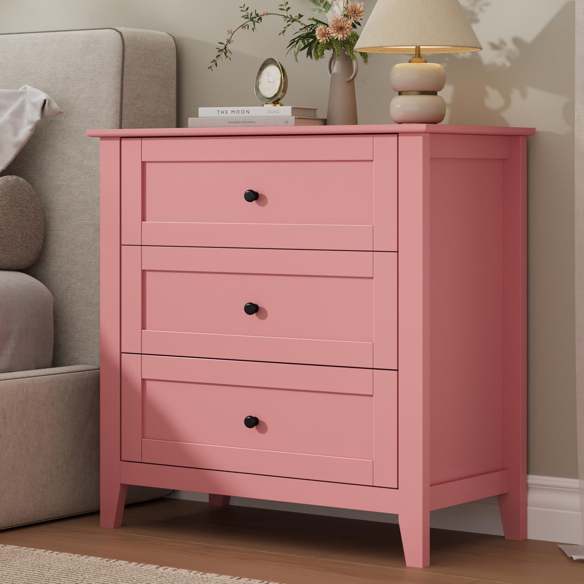 SOLLED Nightstand with 3 Drawers Bedside Table Storage Cabinet Modern Farmhouse End Table for Bedroom Living Room Entryway Sturdy Wood Frame