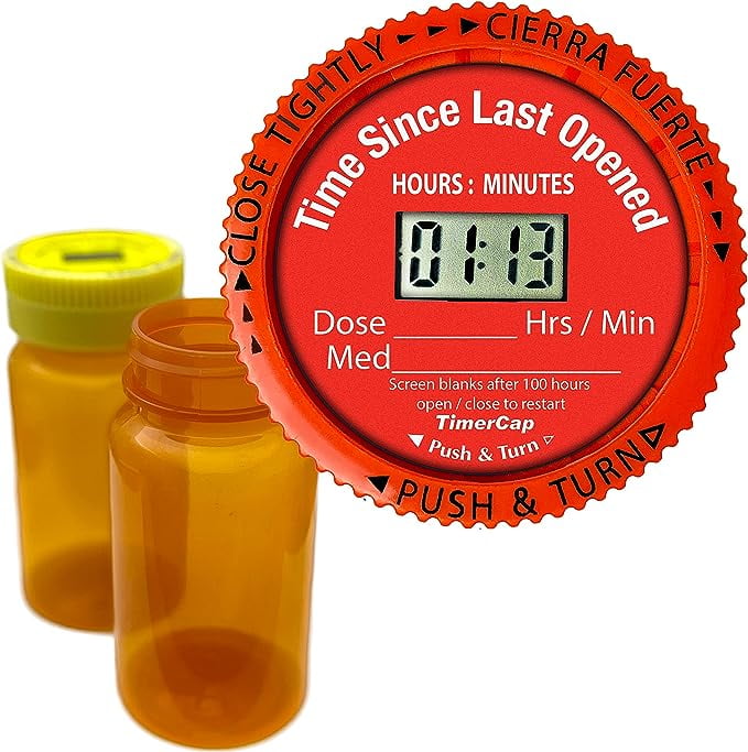 TimerCap Automatically Displays Time Since Last Opened - Built-in Stopwatch Smart Pill Bottle Cap Medication Reminder Case (Qty 2-4.0 oz Amber Bottles) CRC