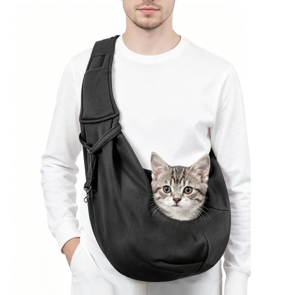 Reversible Dog Sling Carrier for Small Dogs & Cats , Adjustable Hands-Free Pet Sling with Safety Harness , Puppy & Kitten Carrier for Walking, Travel, Shopping , Essential Pet Accessories (Black)