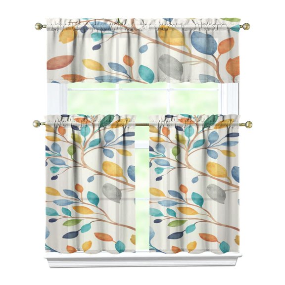 Colorful Small Leaves Kitchen Curtain Valance 3 Piece Set Short Curtain Sink Window Decor 36 Inch Small Window Treatment Tier 27.5x36 Length