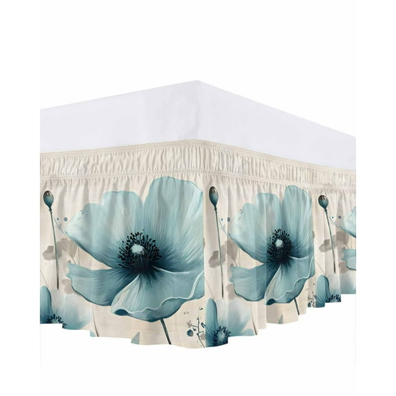 Blue Flowers Butterfly Bed Skirt King Size 18" Drop Watercolor Retro Leaf Pastoral Style Ruffled Wrap Around Bed Skirts Adjustable Elastic Bedskirt Dust Ruffle for King Size Bed