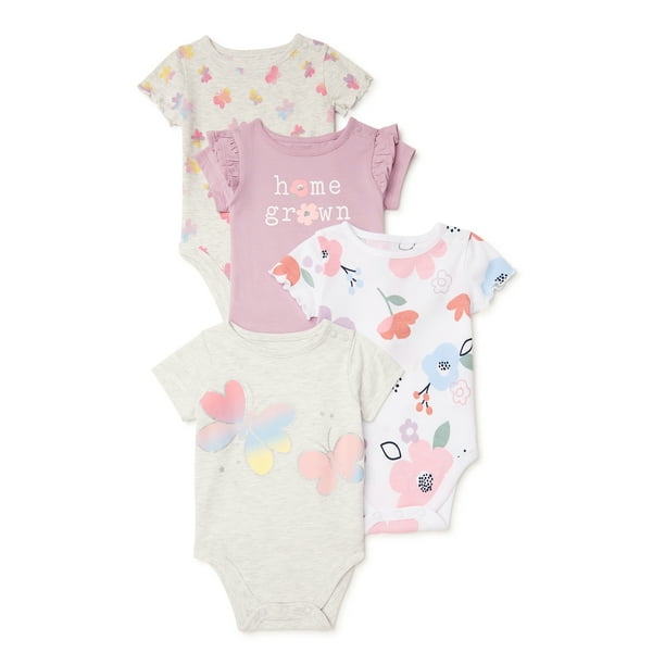 Garanimals Baby Girl Short Sleeve Bodysuit Multipack, 4Pack, Sizes 0