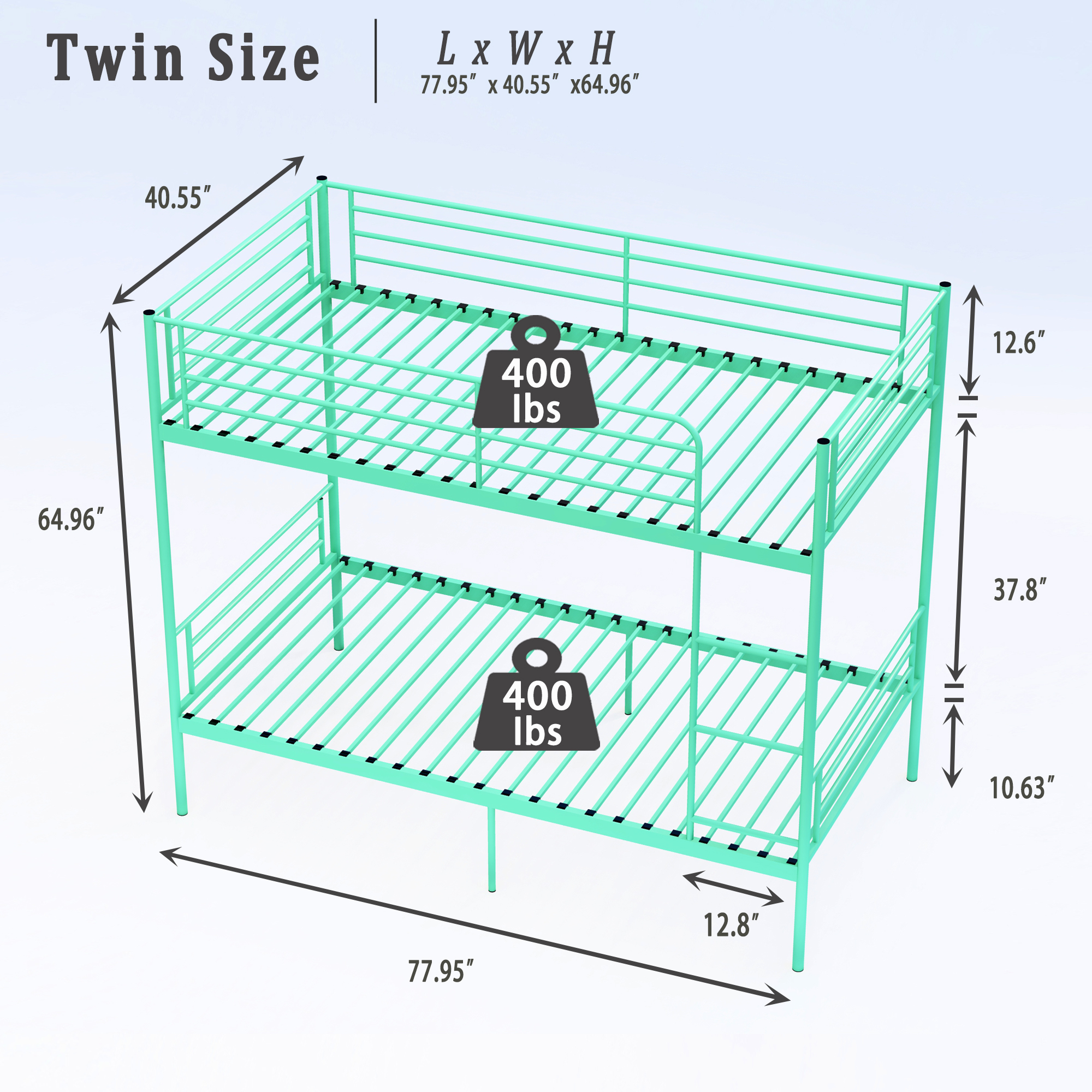Mintazer Twin Over Twin Metal Bunk Bed, Convertible Bunk Bed Frame Separate into 2 Twin Beds with Guardrail, Mint Green
