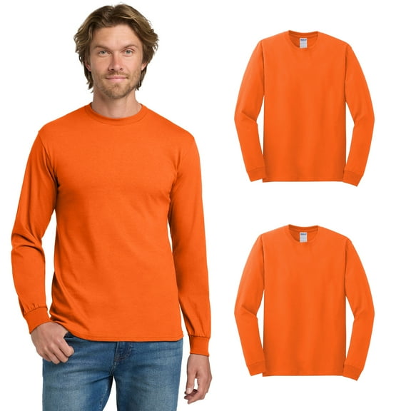 Gildan Heavy Cotton Long Sleeve T-Shirt for Men, Hi Vis Safety Workwear, Safety Orange, Pack 2, S