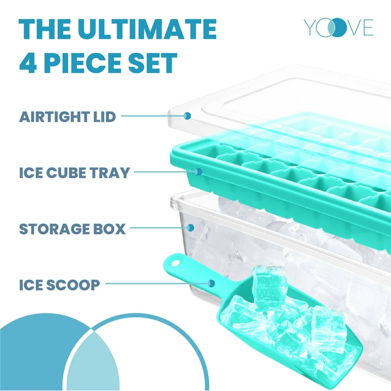 Yoove Ice Cube Tray With Lid and Bin- Silicone Ice Tray For Freezer | Comes  with Ice Container, Scoop and Cover | Good Size Ice Bucket (Green)
