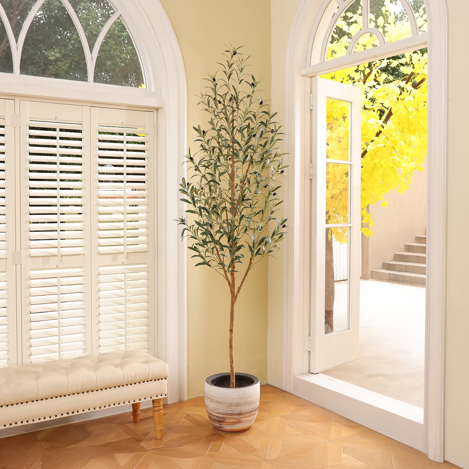 DR.Planzen 7' Artificial Olive Tree Indoor, Tall Faux Olive Tree, Artificial Plants with Natural Wood Trunk and Lifelike Fruits for Home Office Decor