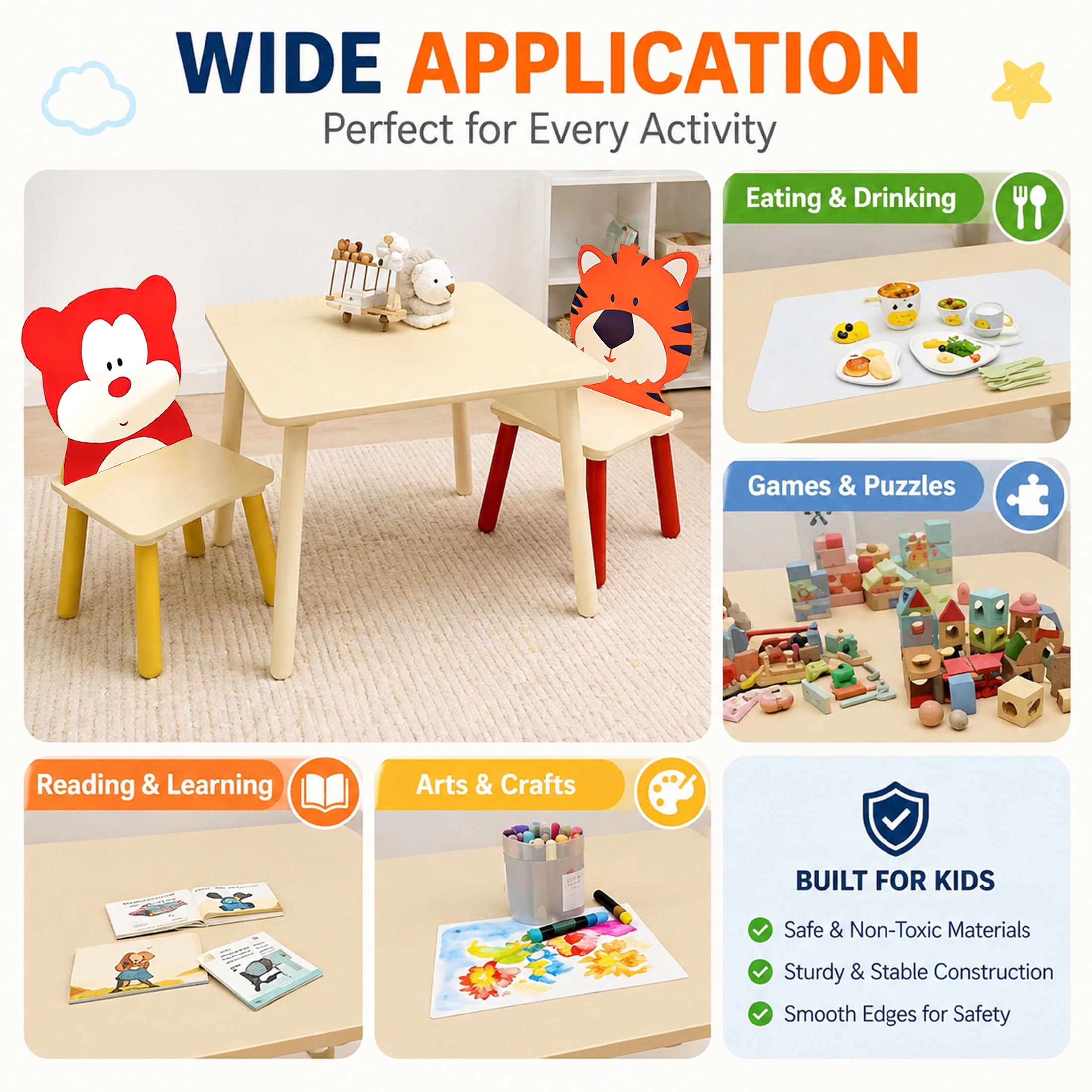 Innovation Works 3Pcs Kids Table and Chair Set,Toddler Wooden Activity Table with Bear & Tiger Design Chairs for Study,Drawing,Playing,Reading