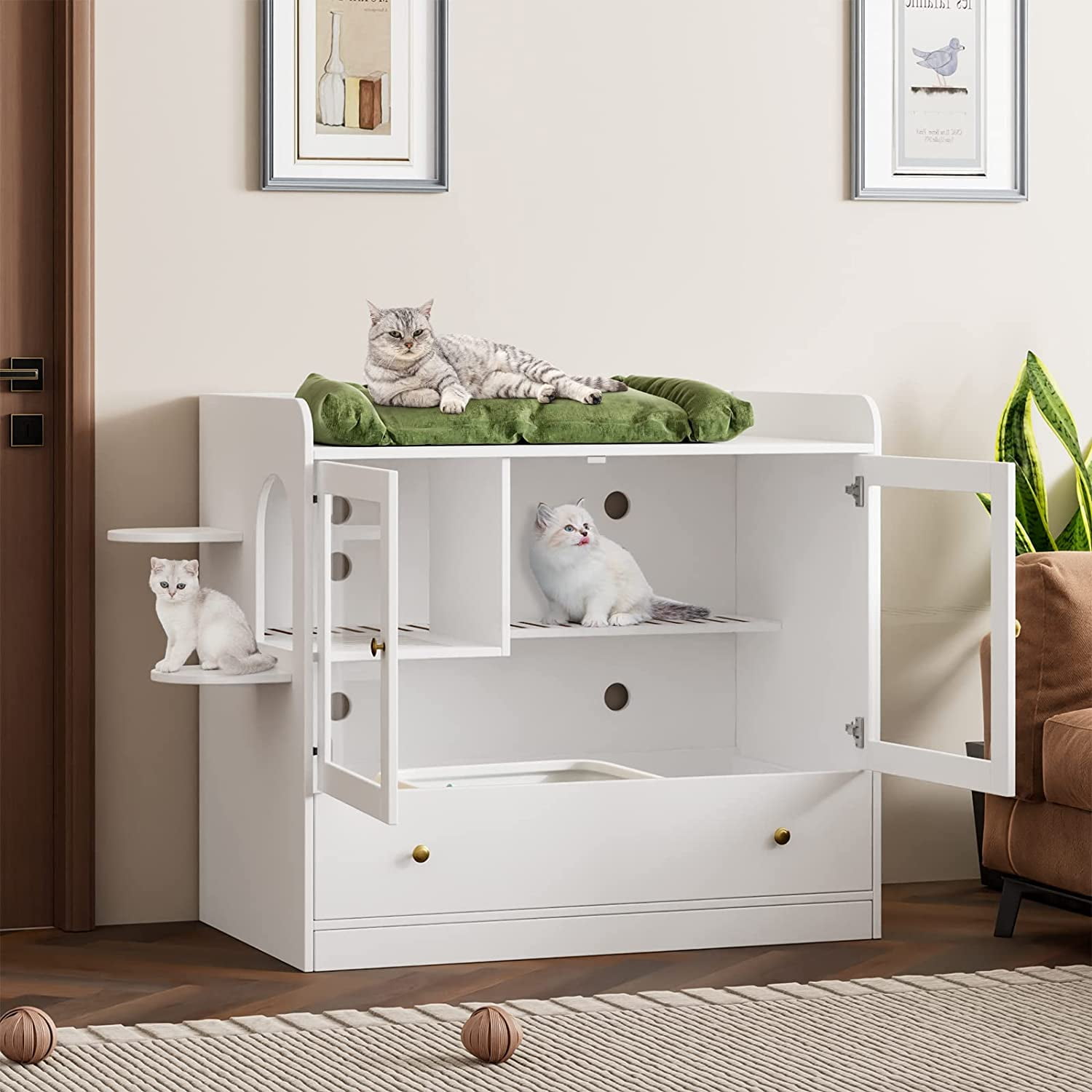 DAWNSPACES Cat Litter Box Furniture Hidden, Cat Litter Box Enclosure Pet House, White