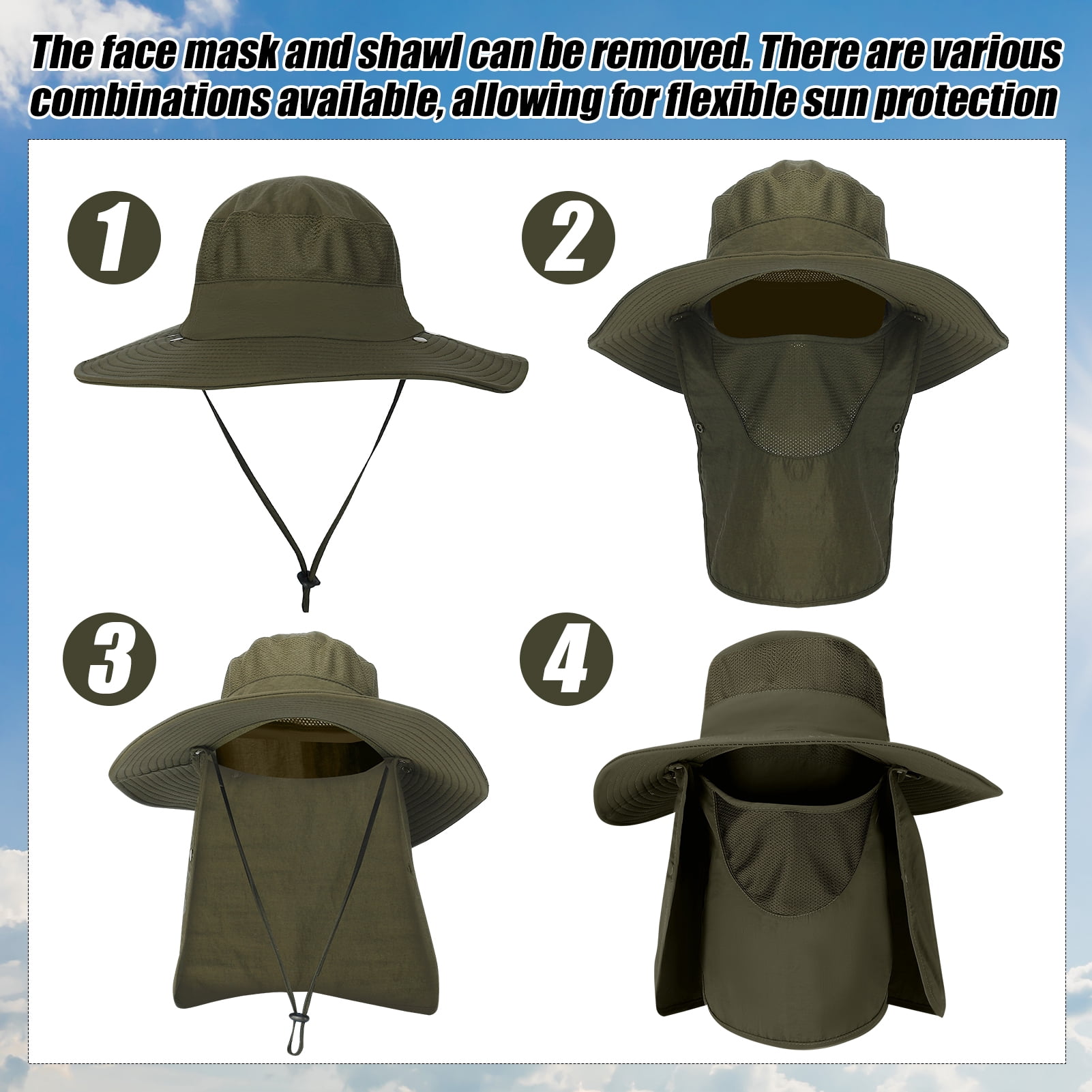 Bocaoying 4 Pack Summer Sun Hat for Men and Women, UPF 50+ Outdoor Fishing Hat with Detachable Face Mask & Neck Cover, Breathable Windproof Wide Brim Bucket Hat for Hiking Cycling Camping
