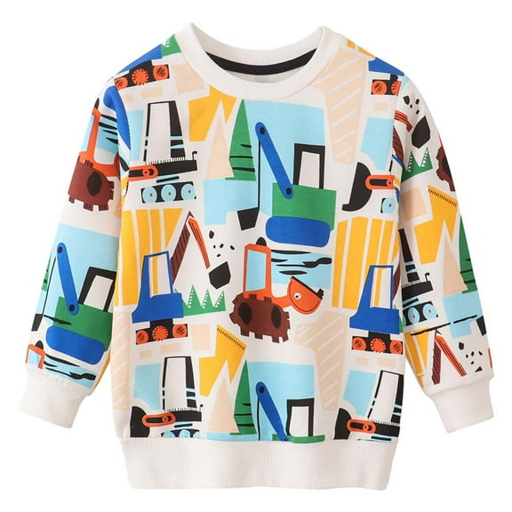 Generic Little Boys Sweatshirts Long Sleeve Cartoon Tractor Print Sweat Shirt Cotton Crewneck Pullover Tops for Kids 1-7 Years