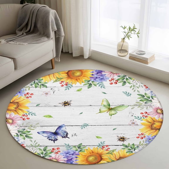 Round Rug 3.3Ft Washable Non-Slip, Spring Flowers Circle Area Rugs for Living Room Bedroom, Watercolor Sunflowers Daisy Butterflies Wood Indoor Floor Mats Carpet Runner for Home Decor Aesthetic