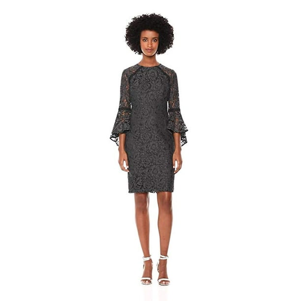 Calvin Klein Women's Lace Bell Sleeve Sheath Dress, Gunmetal, 10 - Calvin Klein Women's Lace Bell Sleeve Sheath Dress, Gunmetal, 10 -