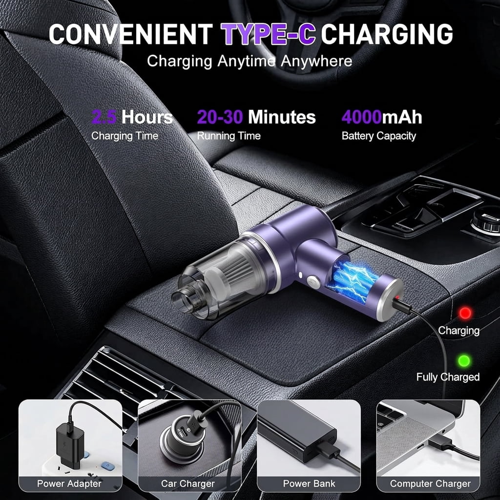 Handheld Car Vacuum Cleaner Cordless, 2 in 1 Vacuum and Air Duster, Rechargeable Portable Mini Vacuum with Multi Nozzles and LED Light for Car, Home and Office