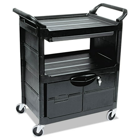 Rubbermaid Commercial Utility Cart With Locking Doors, Two-Shelf, 33.63w x 18.63d x 37.75h, Black -RCP345700BLA