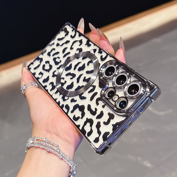 for Samsung Galaxy S26 Ultra Magnetic Case, Luxury Leopard Print Pattern Plating Phone Case with Glitter Bling Lens Circle Wireless Charging Clear Shockproof Cover for Women Girls, Silver
