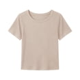thumbnail image 6 of Resicozy Girls Shirts Cute Basic Tees Summer Ribbed Top Teens Short Sleeve Vacation T-Shirt for Kids 5-13 Years Beige 130, 6 of 7