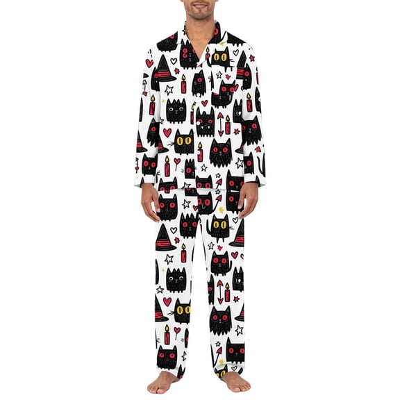 Dwelliawo Halloween Pjs Men Pants Set Silk Satin Pajamas Lounge Sets 2 Piece Fall Outfit Button Down Matching Sleepwear White M