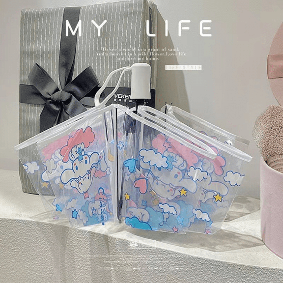 HELANHO Cartoon Cinnamoroll Automatic Folding Umbrella - 3-Fold Compact Transparent Umbrella with Cute Prints, for Boys & Girls QQH63-1111