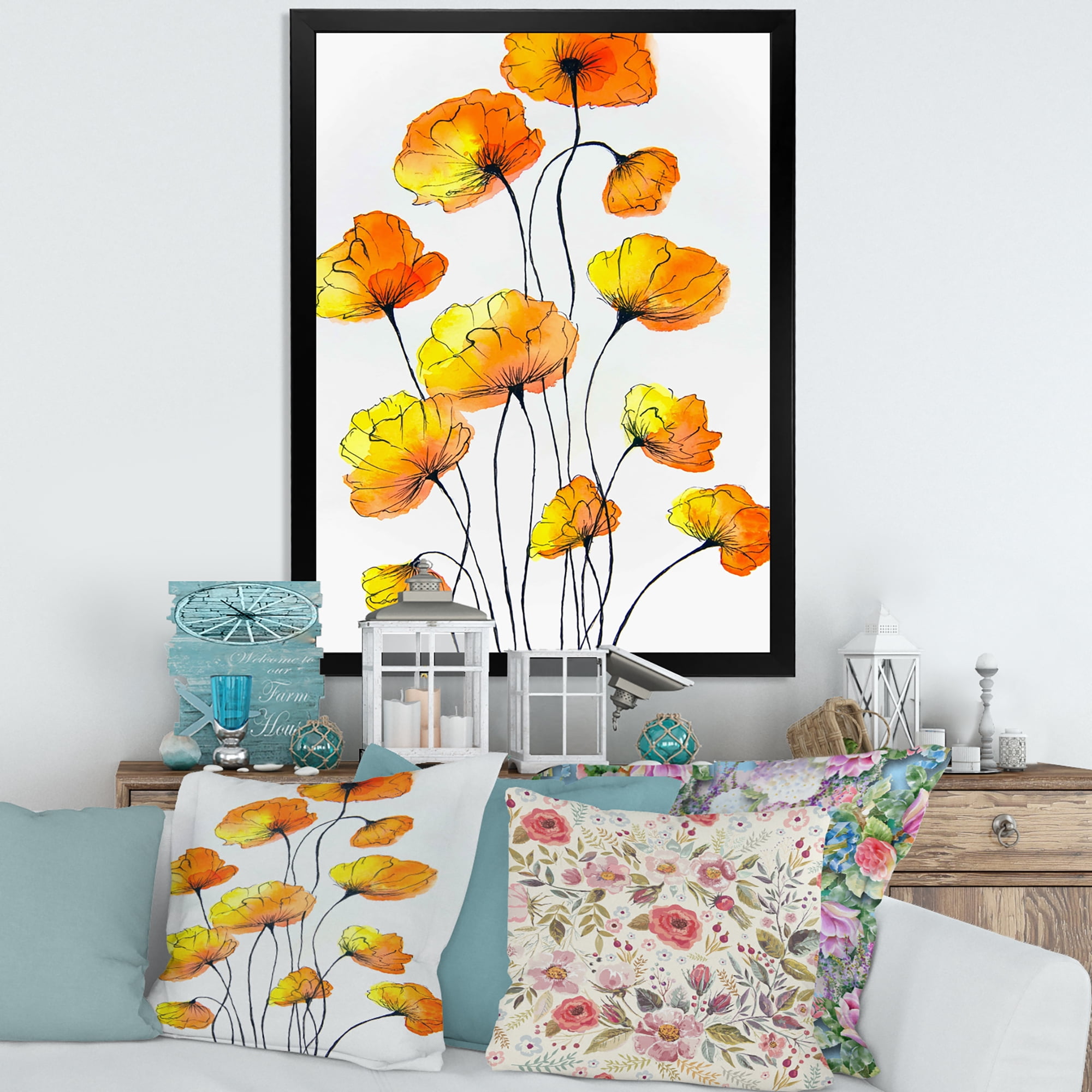 Designart 'Country Yellow Flowers On White' Traditional Framed Art Print
