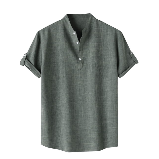 Shirts for men Casual Solid Stand Collar Short Sleeve Button Closure Shirt Hawaii Blouse