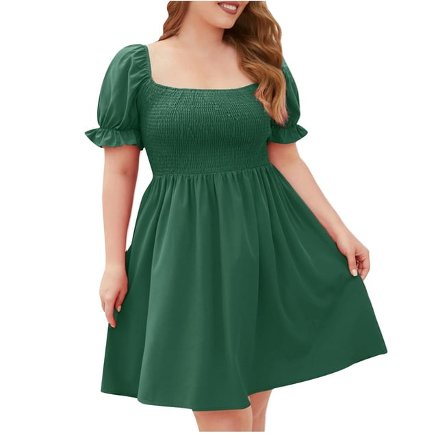 Liquidation 2025! Grrvtrz Robe d'Été Fluide pour Femme Grande Taille à Manches Courtes, Encolure Carrée, Décontractée, Plissée, à Volants, Évasée