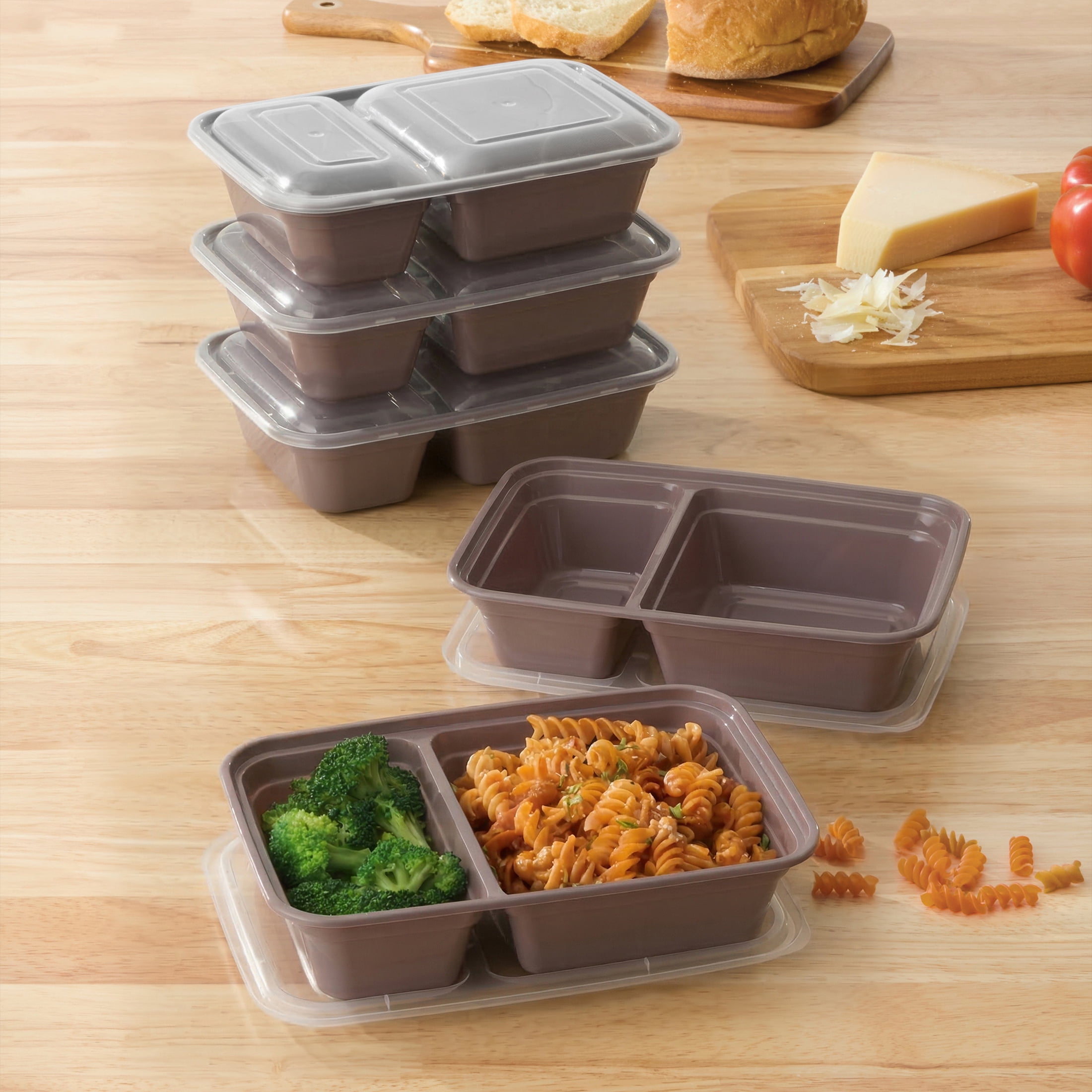 Mainstays 5-Pack 2-Compartment BPA-Free Plastic Meal Prep Food Storage Containers, 0.9L, Lilac Bloom