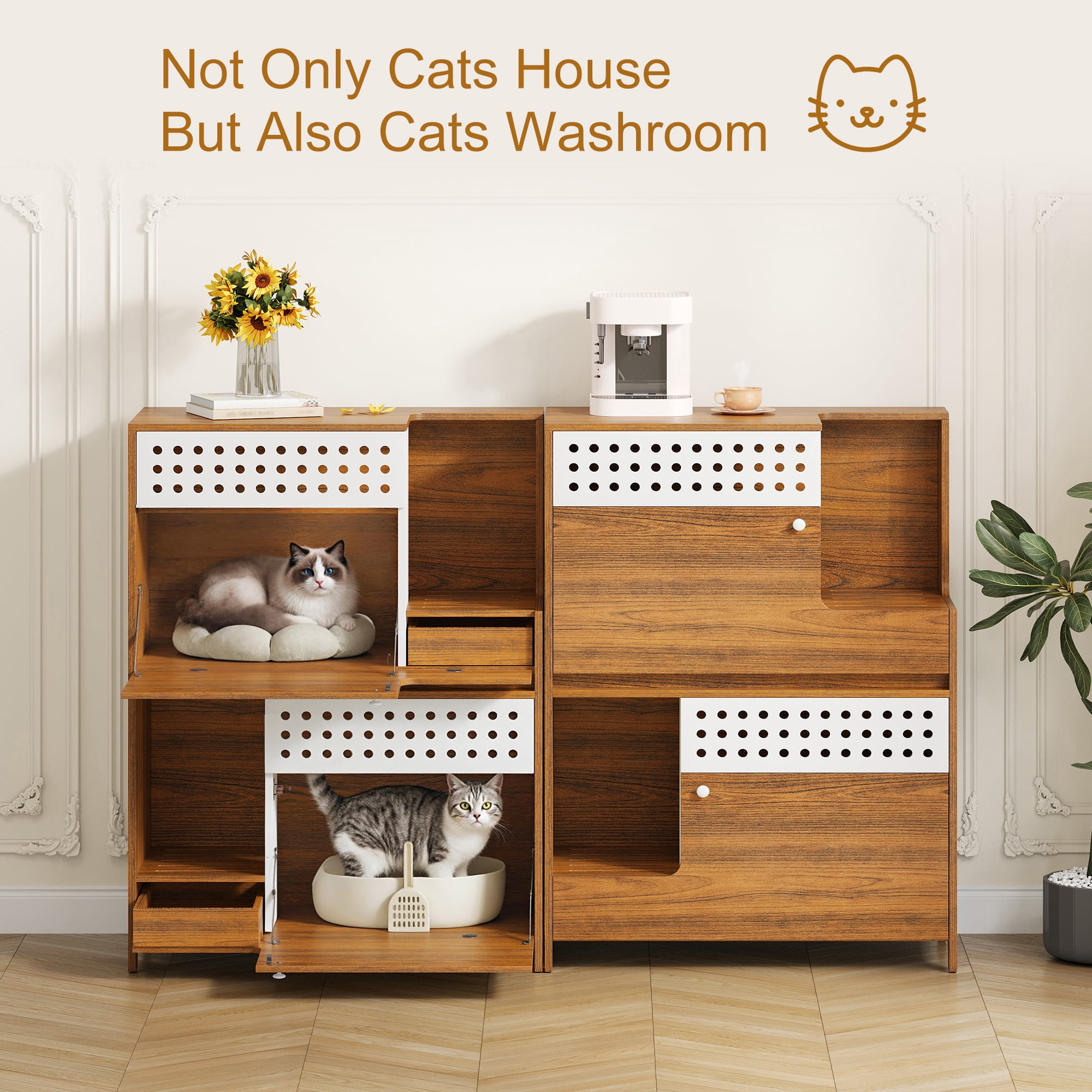 Modern 2-in-1 Cat Litter Box Enclosure, Brown Hidden Cat House Side Table with Storage, Ventilated Perforated Panel Pet Furniture, Heavy-Duty MDF Cabinet for 2 Small to Medium Cats