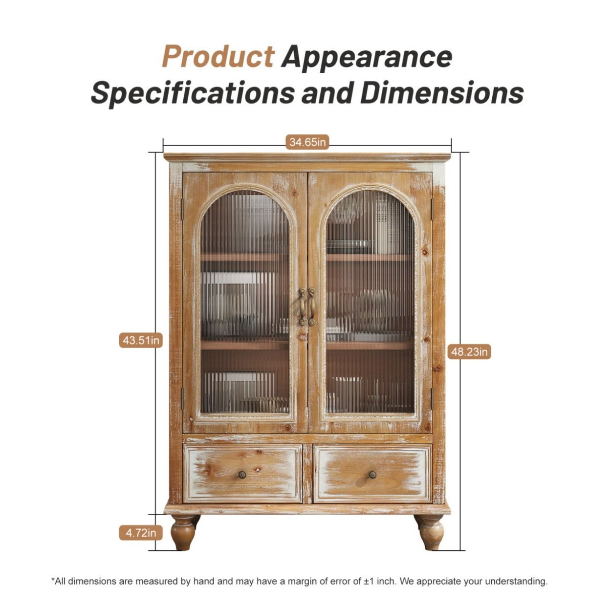 Farmhouse Storage Cabinet, Rustic Kitchen Pantry Cabinet with 2 Glass Doors, 2 Drawers, Adjustable Shelves, Freestanding Buffet Cupboard, Vintage Hutch Cabinet, Antique Brown