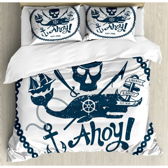 Anchor Duvet Cover Set, Vintage Style Nautical Pirate Skull and Whale Design Ship Marine Image, Decorative 3 Piece Bedding Set with 2 Pillow Shams, Calking Size, Dark Blue White, by Ambesonne