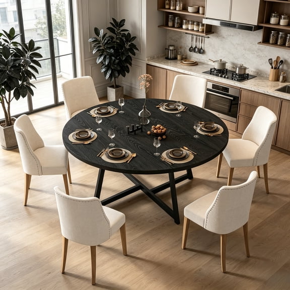 JassmiPkwy Round Dining Table for 4-8 People,Kitchen Dining Room Circle Dinner Pedestal Table,Space Saving Wood Kitchen & Dining Room Furniture (Black, 59In)