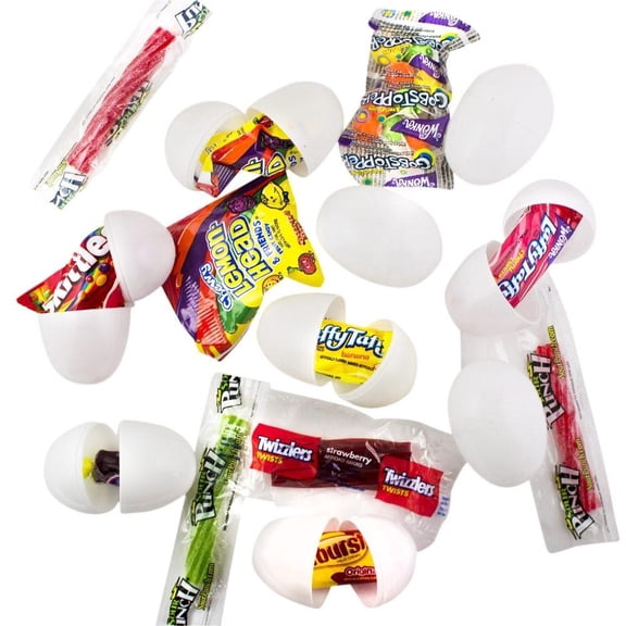 Set of 12 White Plastic Eggs with Candy 2.25 Inches