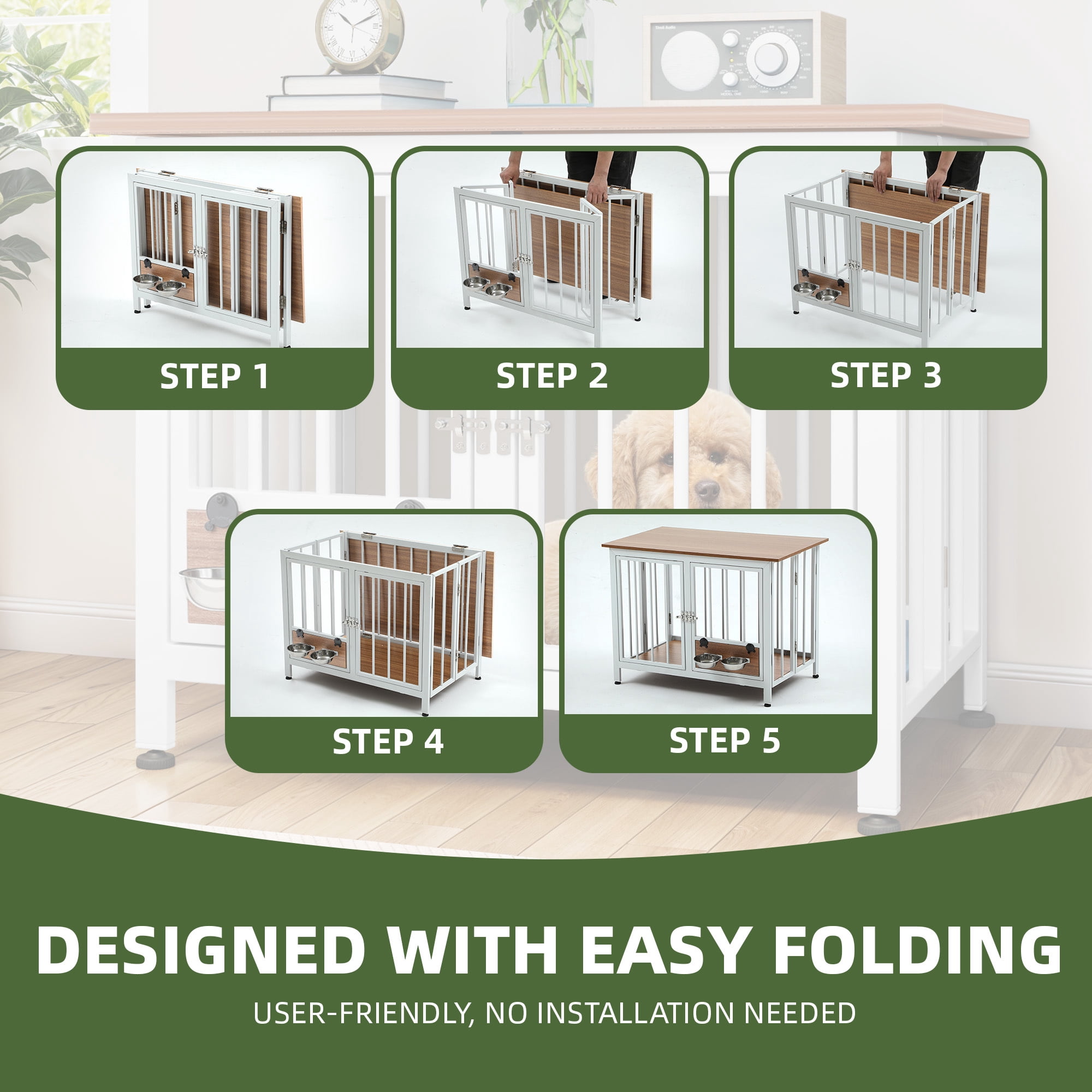 Uforic 33" Foldable Wooden Indoor Dog Cage Table with 360° Rotatable Bowls& Adjustable Feet, White&Brown