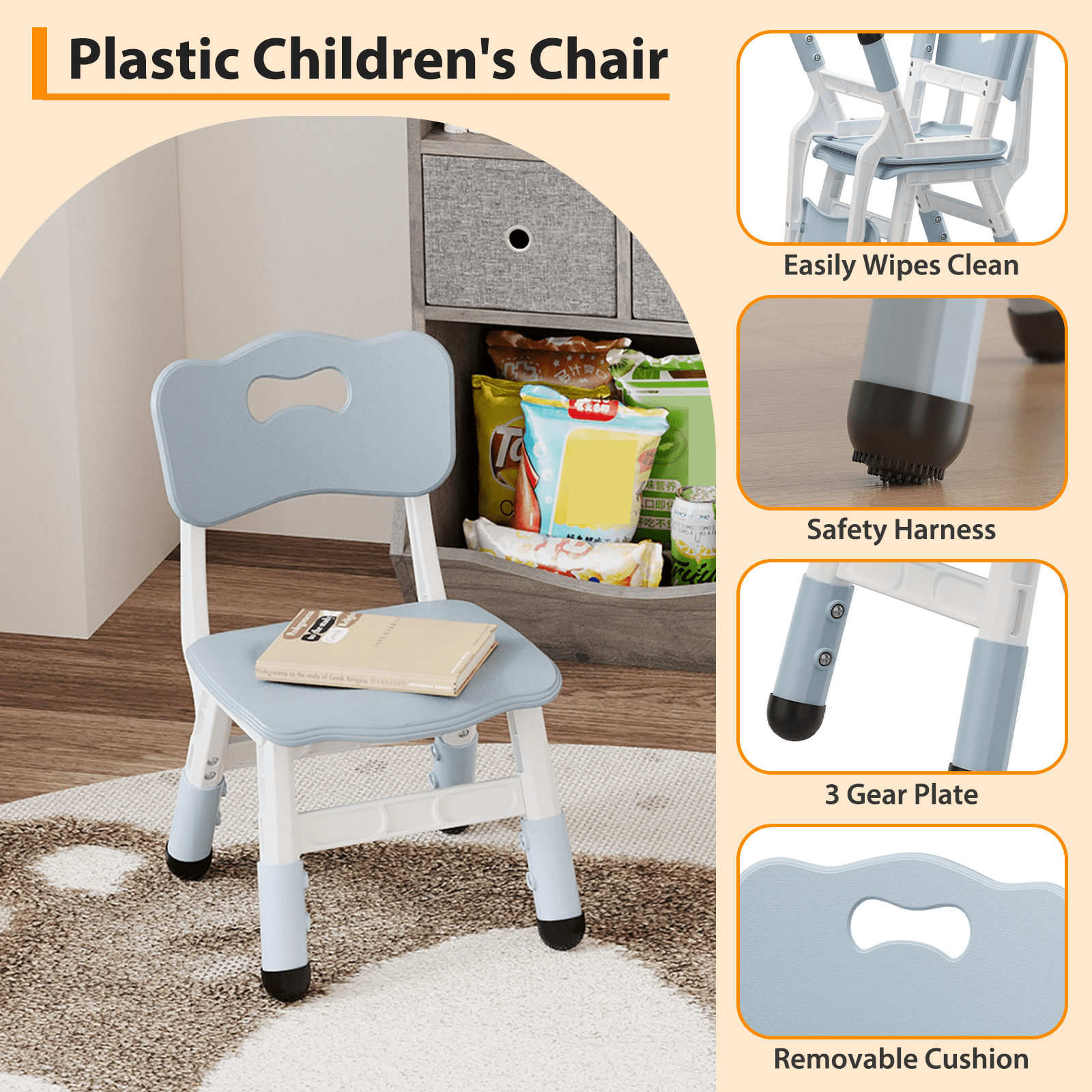 Kids Chair Set of 2 with Height Adjustable Chair, Plastic Toddler Chairs for Children Boys Girls, Kids Hammock Chair, Booster Chairs for Toddlers