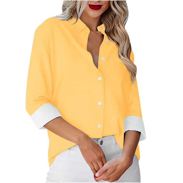 Besolor Button Down Shirts for Women Solid Color Long Sleeve Colared Tops Loose Office Blouses for Casual Work