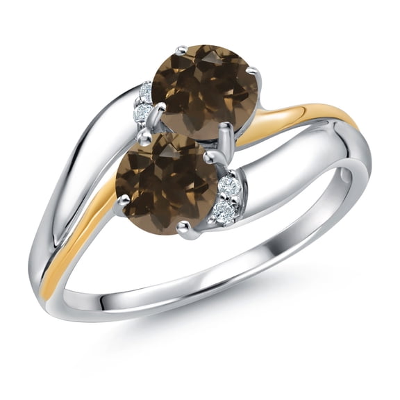 Gem Stone King 925 Sterling Silver and 10K Yellow Gold Brown Smoky Quartz 5MM Round 2 Stone and White Lab Grown Diamond Accent Ring for Women (1.03 Cttw, Gemstone Birthstone, Size 6)