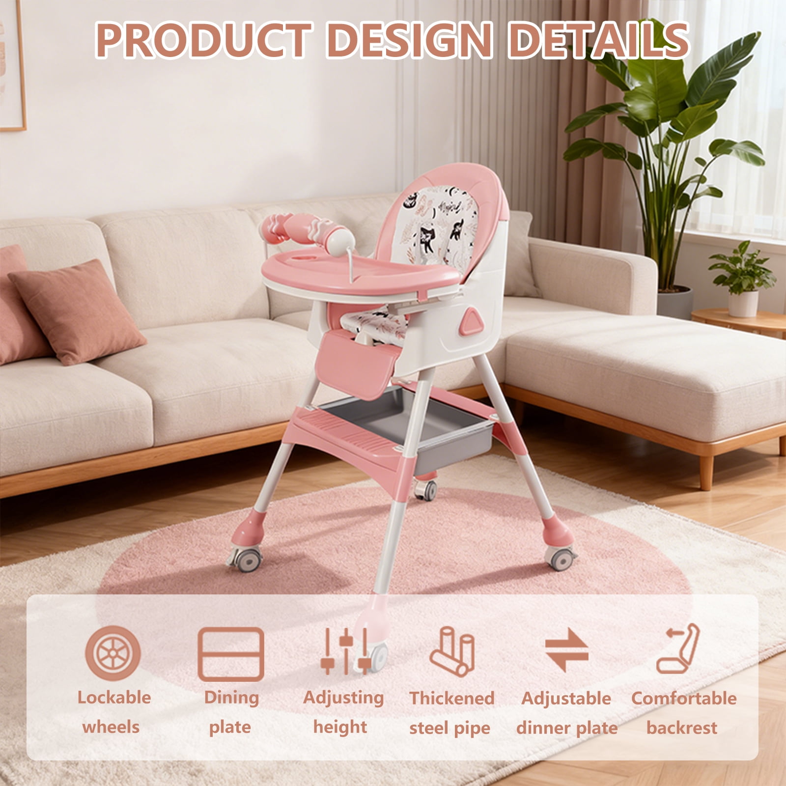 4-in-1 Foldable Baby High Chair, Portable Toddler Dining Chair for Eating & Playing, Convertible Highchair with Adjustable Tray, Pink