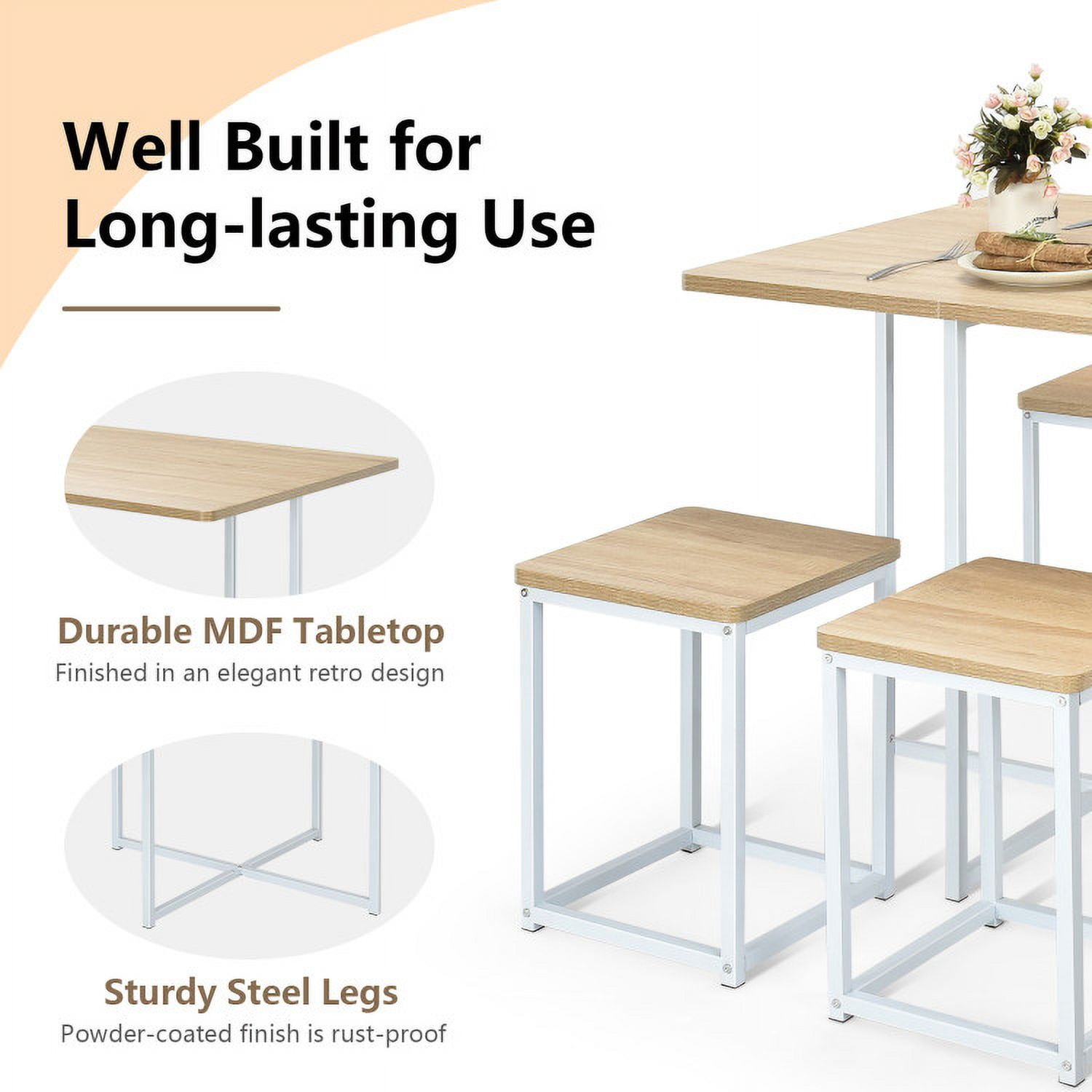 Finihen Dining Set, Dining Table Set, 5 Pieces Metal Frame Dining Set with Compact Dining Table and 4 Stools, for Home, Restaurant, Natural Finihen Dining Set, Dining Table Set, 5 Pieces Metal Frame Dining Set with Compact Dining Table and 4 Stools, for Home, Restaurant, Natural