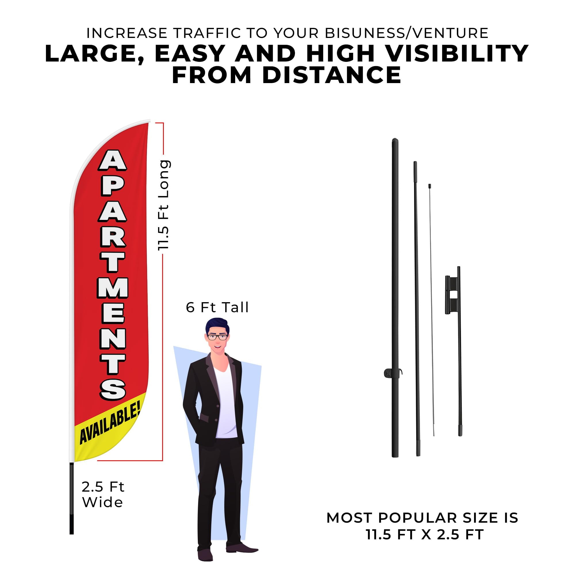 Apartments Feather Flag(11.5feetX2.5feet) by DreamController | Outdoor Business Advertising Tall Flag | Weather-Resistant Knitted Swooper Flag | Made in USA | HD Print(Flag Only)