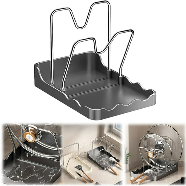 Pan Lid Organizer, Vertical Spoon Drying Shelf, Stainless Steel Pan Cover Organizer with Removable Drip Tray, Durable Kitchen Rack with Multi-Slot Design, Countertop and Cabinet Storage for Cooking