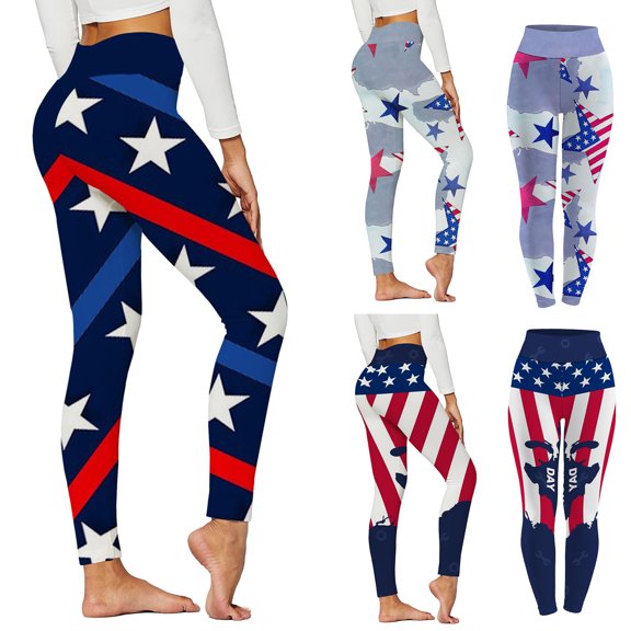 Elainilye Fashion Yoga Leggings for Women Girls Skinny Independence Day Printed High Waist Stretchy Tights Trouser Yoga Pants,Red