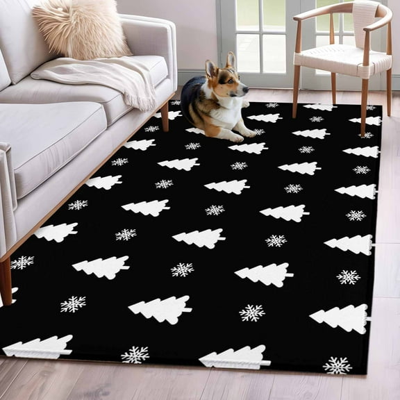 Christmas Tree Area Rug 4x6 Washable Rug Non Slip Black White Winter Xmas Snowflakes Large Area Rug Indoor Floor Carpet for Entryway Bedroom Kitchen Living Room Home Office Dining Room Nursery