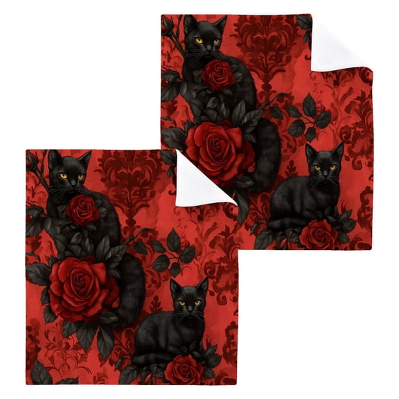 Gothic Roses Black Cats Pattern 100% Cotton Face Towel 12x12in Soft Absorbent Washcloth Durable Printed Hand Towels for Bathroom Travel 2 Pcs