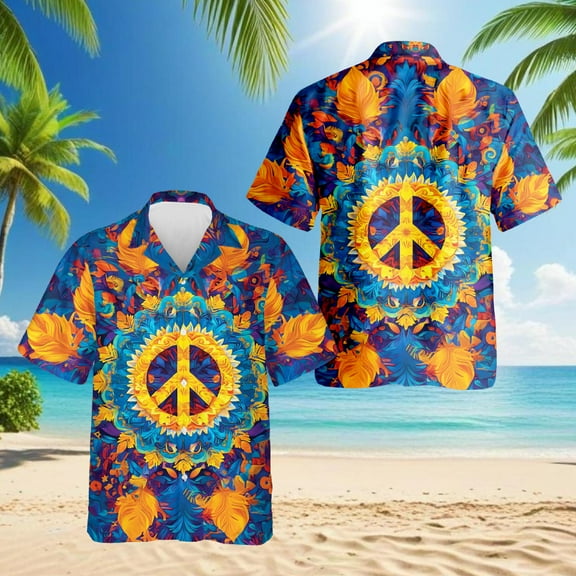 Hippie Peace Hawaiian Shirt for Men, Button Down Summer Beach Short Sleeve, Hippie Style, S-5XL