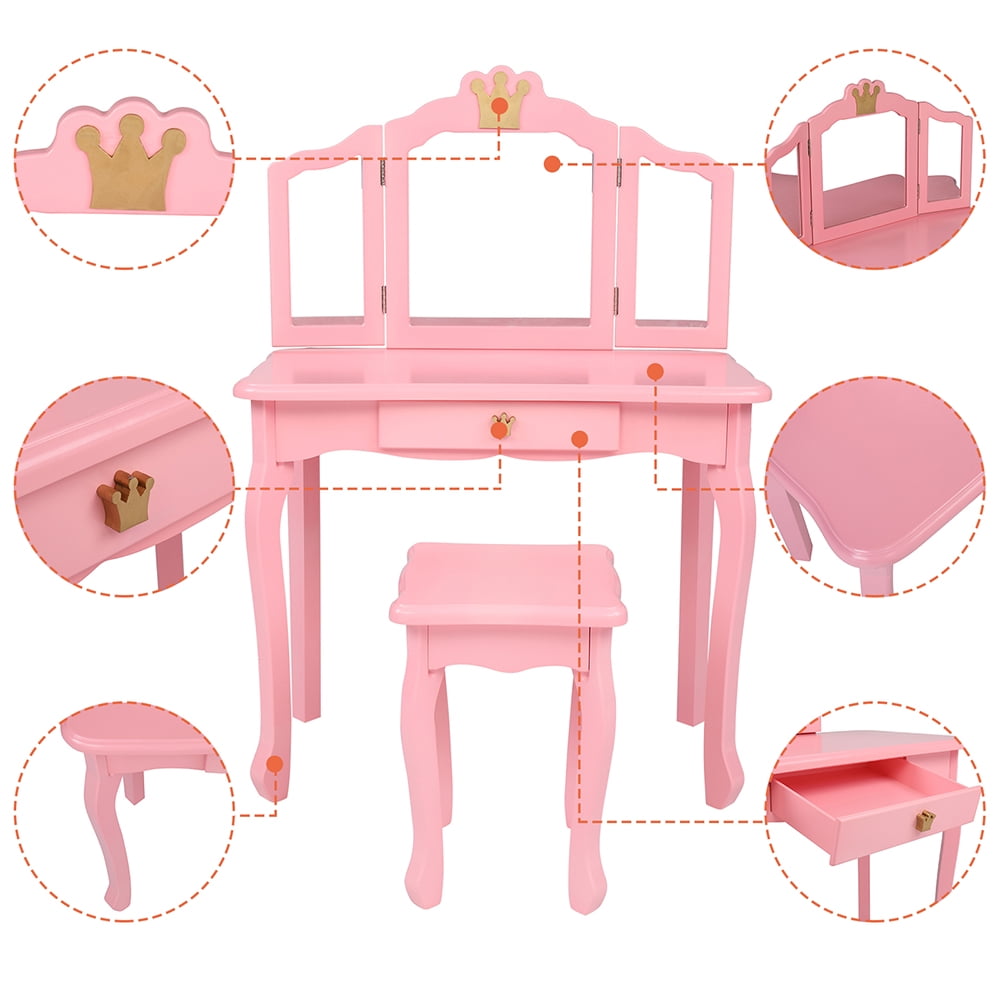 Private Jungle Children's Wooden Dressing Table Three-Sided Folding Mirror Dressing Table Chair Single Drawer,Pink Crown Style Private Jungle Children's Wooden Dressing Table Three-Sided Folding Mirror Dressing Table Chair Single Drawer,Pink Crown Style
