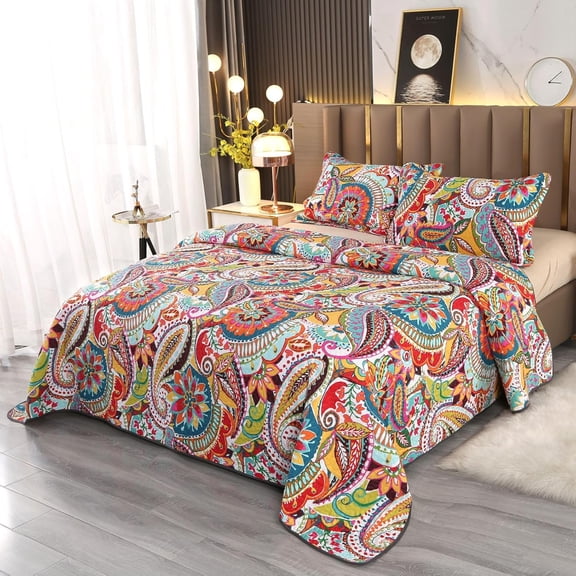 Cotton Twin Quilts Sets, 2 Piece Multicolor Paisley Pattern Red, Orange, Blue Twin Quilt Bedspread Set with Pillow Shams, 68"x86"