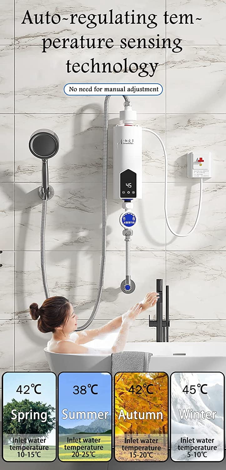 Hinzonek Electric Tankless Water Heater Shower Head Set, 3500W Instant Hot Water Heater LCD Display for Home Bathroom Kitchen ,White