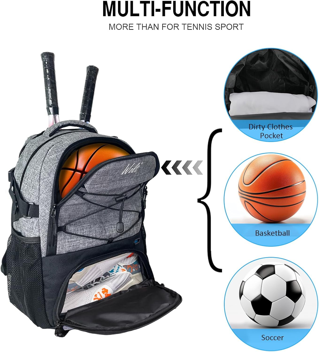 WOLT | Tennis Racket Bag--Men Ball Sports Racket Backpack Polyester Tennis Bag with Ventilated Shoe Compartment Gray